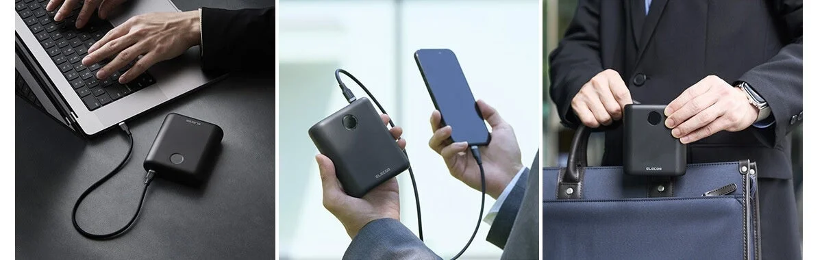 黒いモバイルバッテリーをPC・スマホ充電やカバンの中で使う3場面