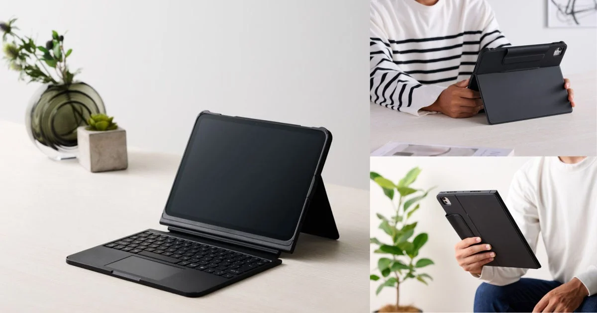 TouchBook Smart。キーボード付き黒いiPadケースと使用シーン