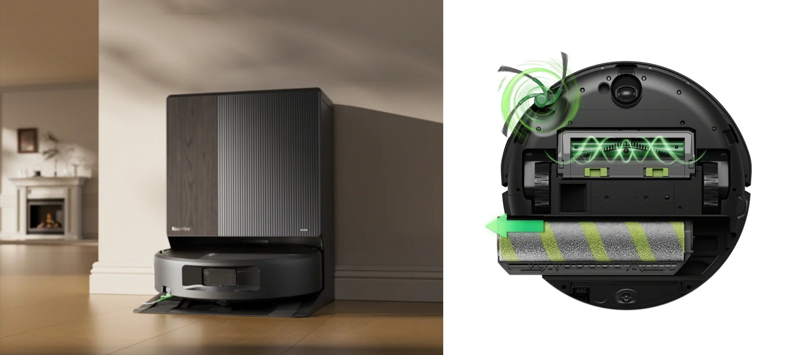 Roomba Monsterの充電ステーション設置例と、ローラーモップ搭載の本体底面