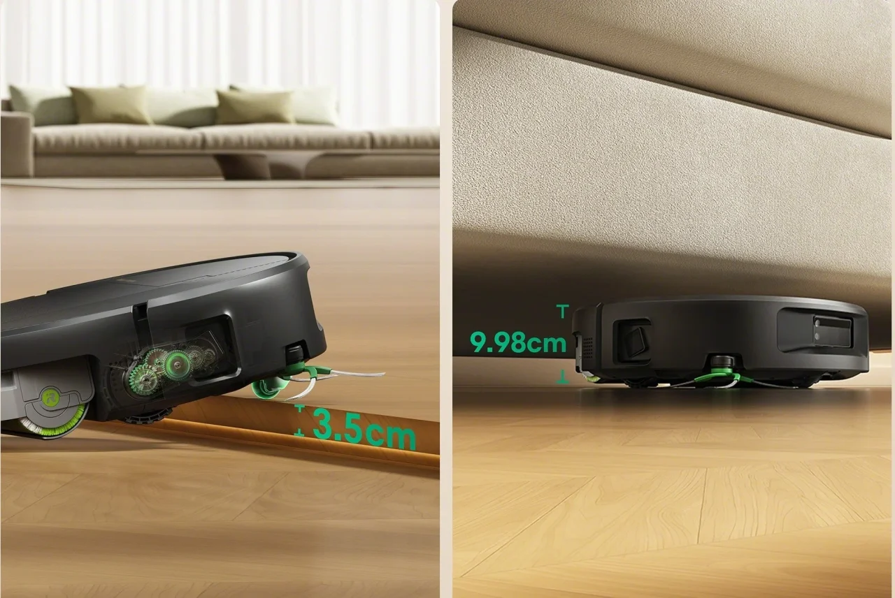 Roomba Monsterが最大3.5cmの段差を乗り越える様子と高さ9.98cmの本体