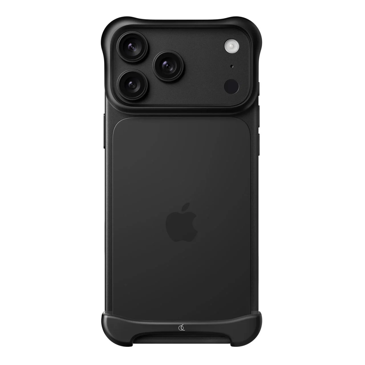 アルミ・マットブラックのバンパーケースを付けたiPhone背面