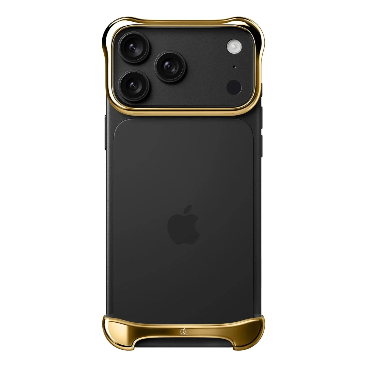 アルミ・ゴールドのバンパーケースを付けた黒いiPhone背面