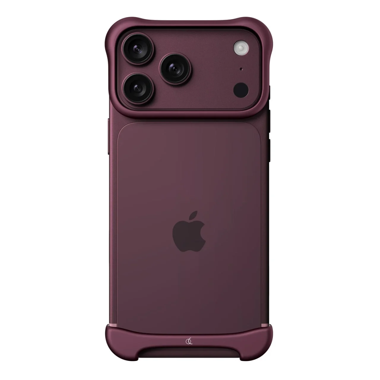 アルミ・マットダークレッドのバンパーケースを装着したiPhone背面