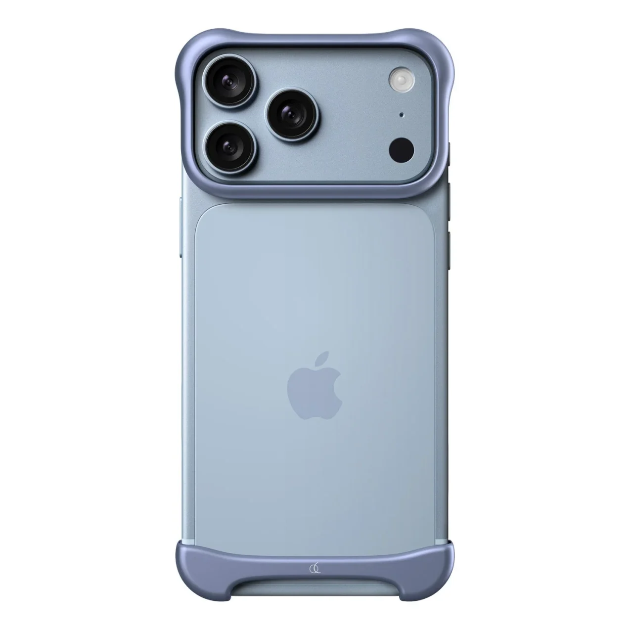 アルミ・マットライトブルーのバンパーケースを付けたiPhone背面