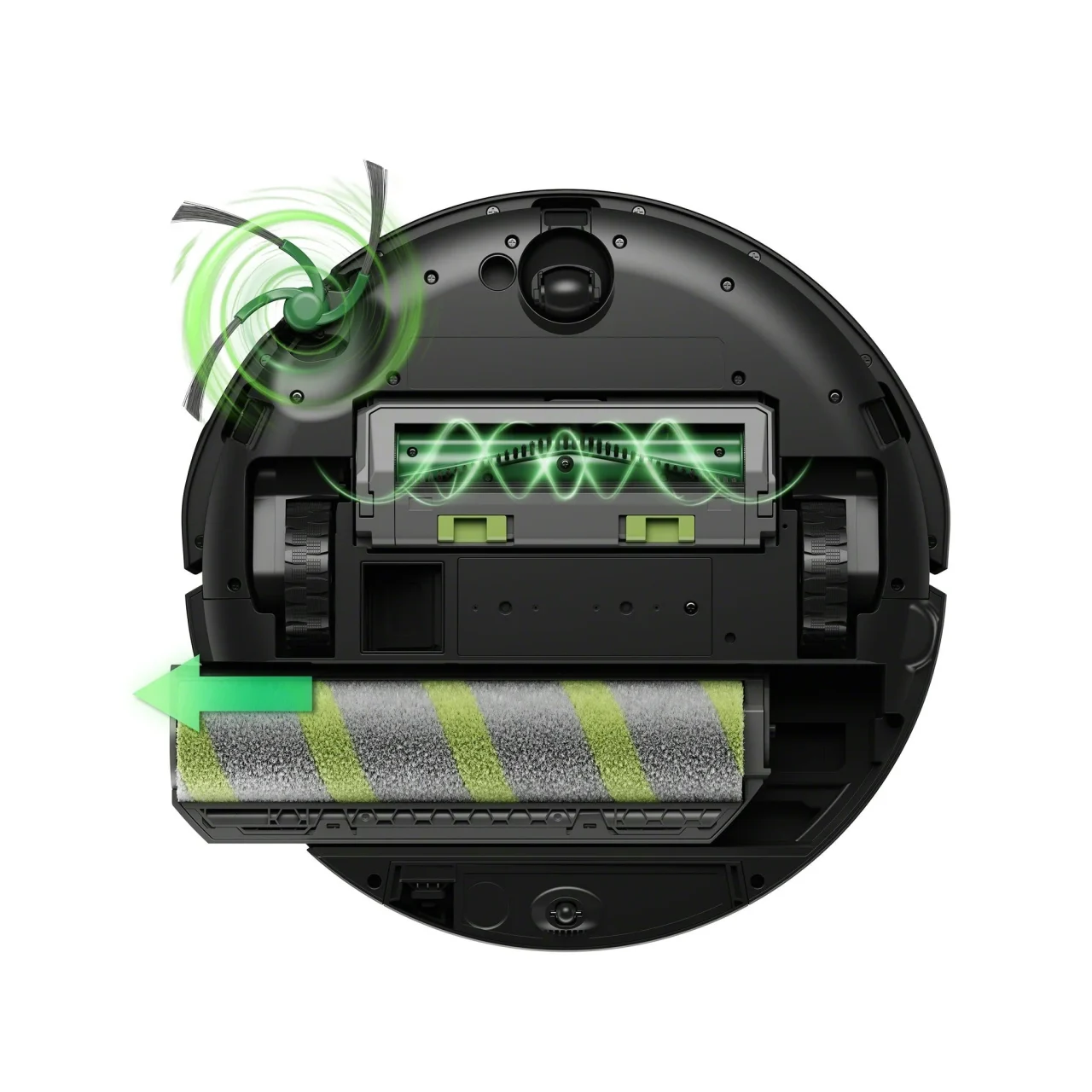 Roomba Max Monster 875 Combo ロボットの底面。ブラシとローラーを示す