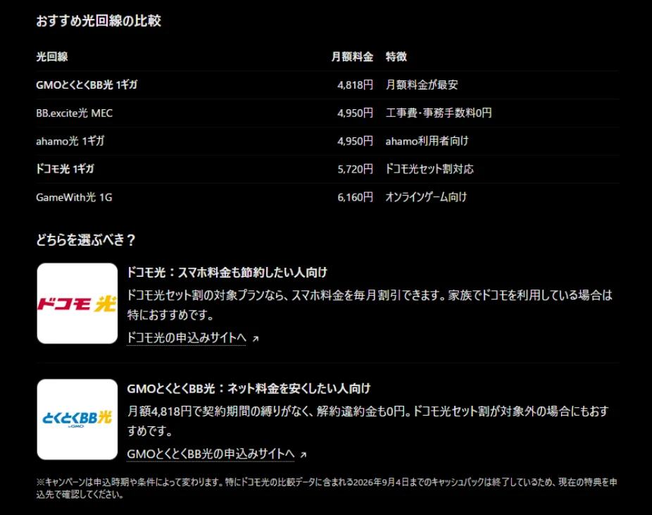 光回線比較アプリのおすすめ光回線の月額料金比較表と選び方の画面