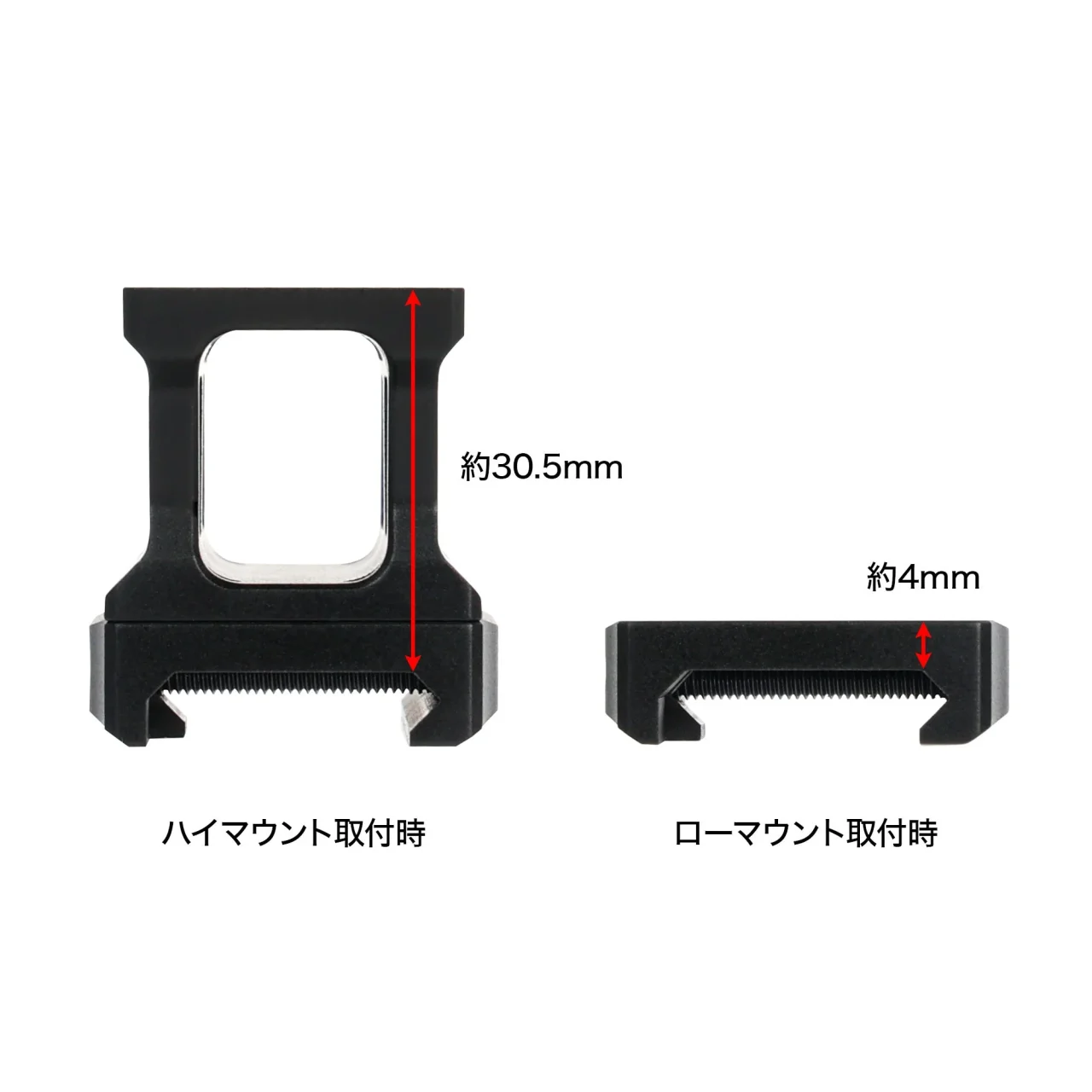 ハイマウント取付時約30.5mmとローマウント取付時約4mmの高さ比較