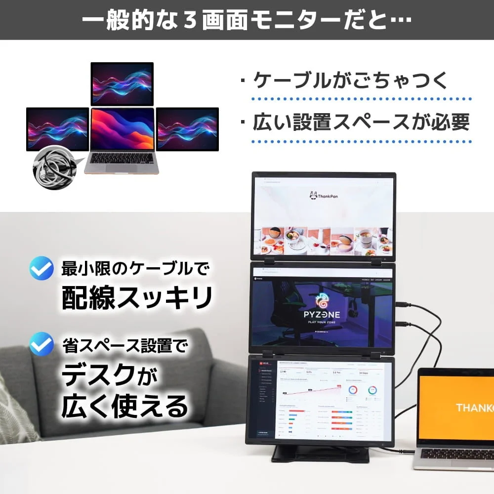 一般的な3画面モニターとの比較で、縦に3枚重ねた縦型配置のモニターとノートPC