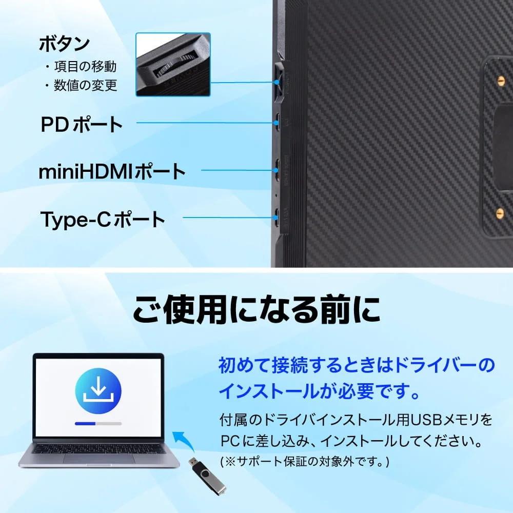 モニター側面のボタンとポート解説、ドライバーのインストール案内