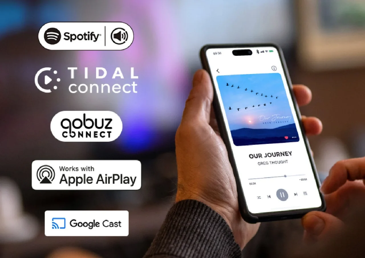 Spotify・TIDAL・Qobuz Connect・AirPlay・Google Castのロゴとスマホ操作