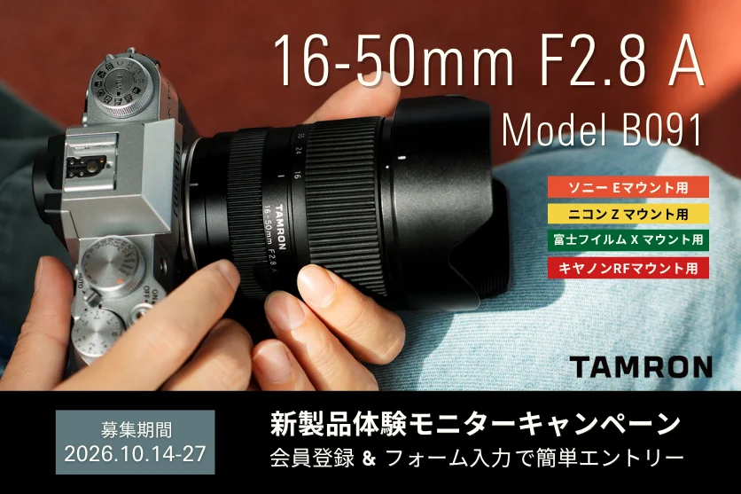 16-50mm F2.8 A (Model B091)を装着したカメラを両手で持つ様子