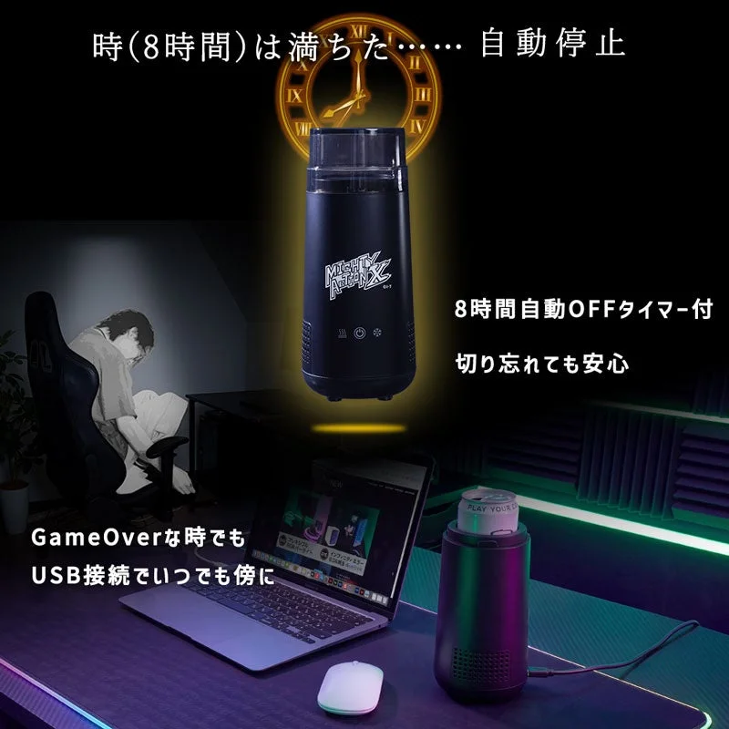 プロトマイティアクションXオリジンの8時間自動OFFタイマーとUSB接続を示す説明画像