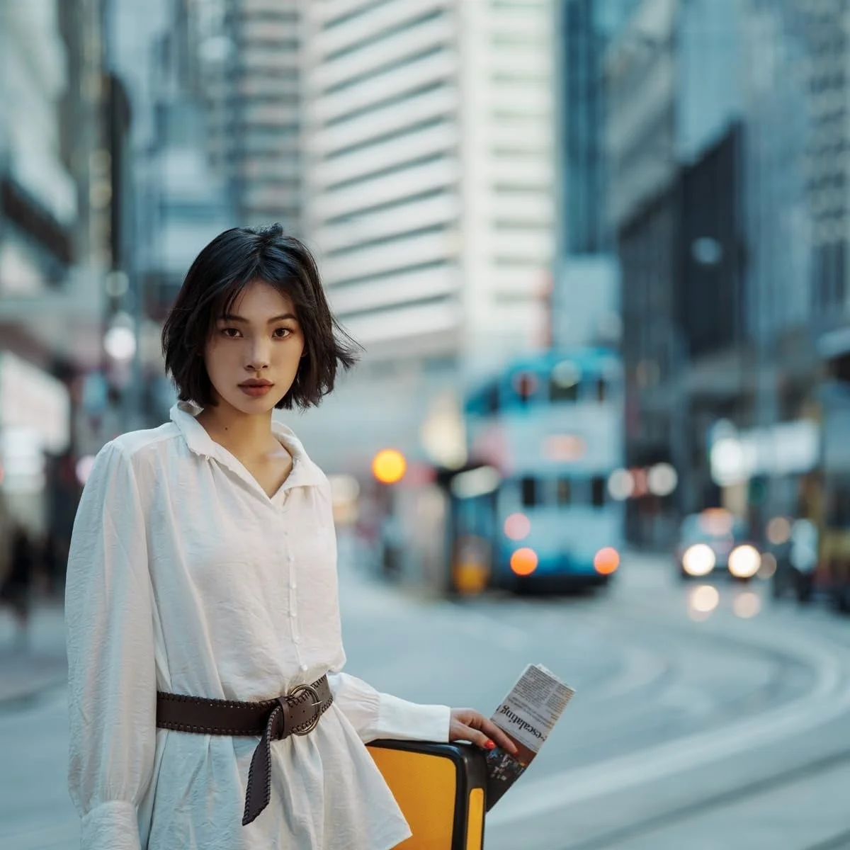 AF 85mm F2.0 EVO Zの作例。街中で白シャツの女性を撮影したポートレート