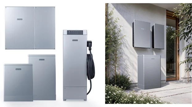 POWER iE Connect の銀灰色の蓄電池ユニットとV2Hスタンド、屋外設置例