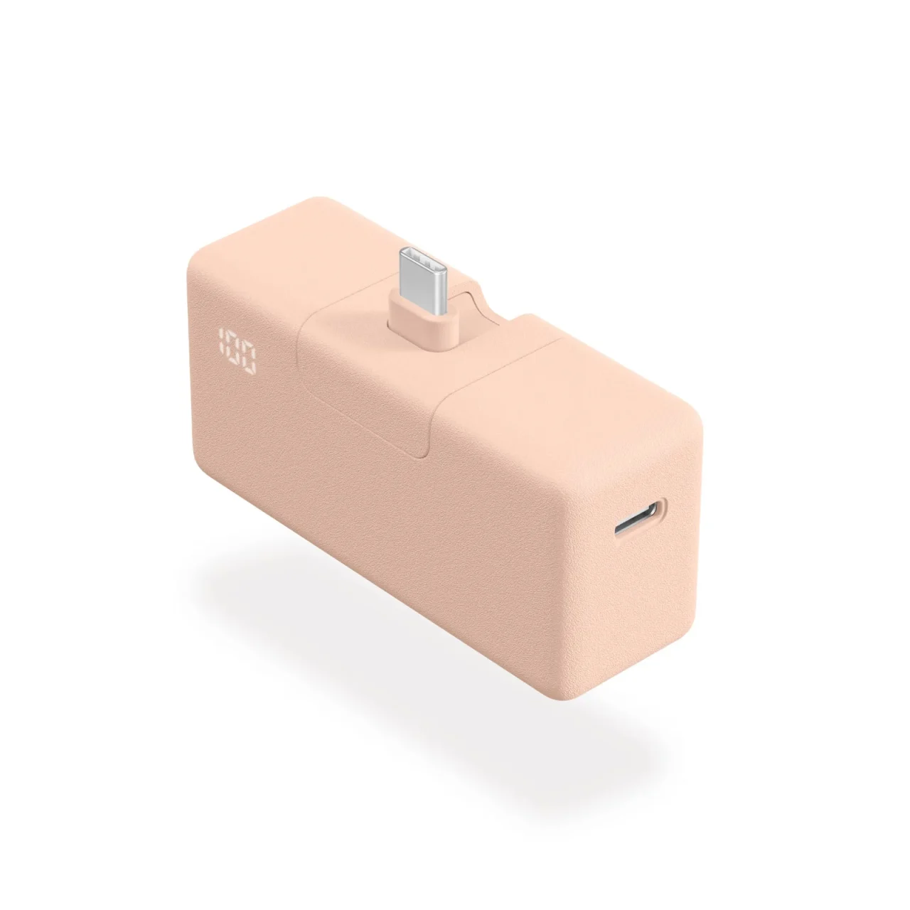 CIO Mate Powerbank004 ピンク色の本体。折りたたみ式USB-C端子と残量表示