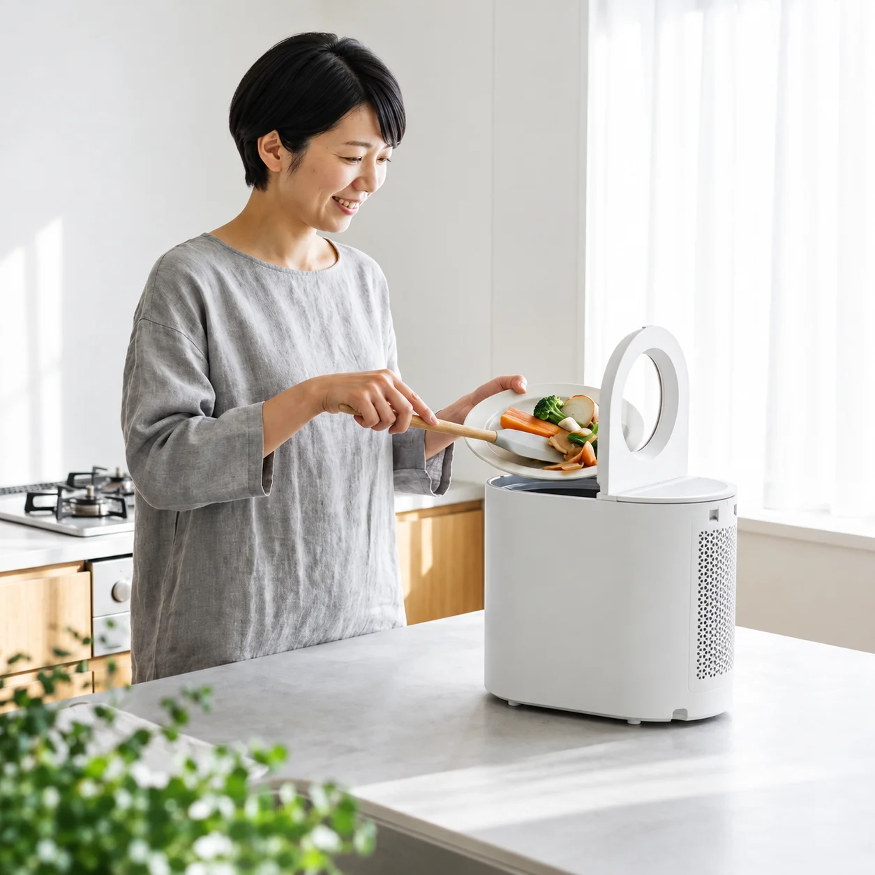 キッチンで白いコンパクトな生ゴミ処理機に野菜くずを入れる女性