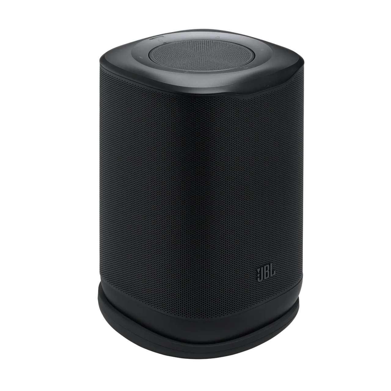 JBL COVE P1のブラック。円筒形で上面に円形パネルを備えたスピーカー