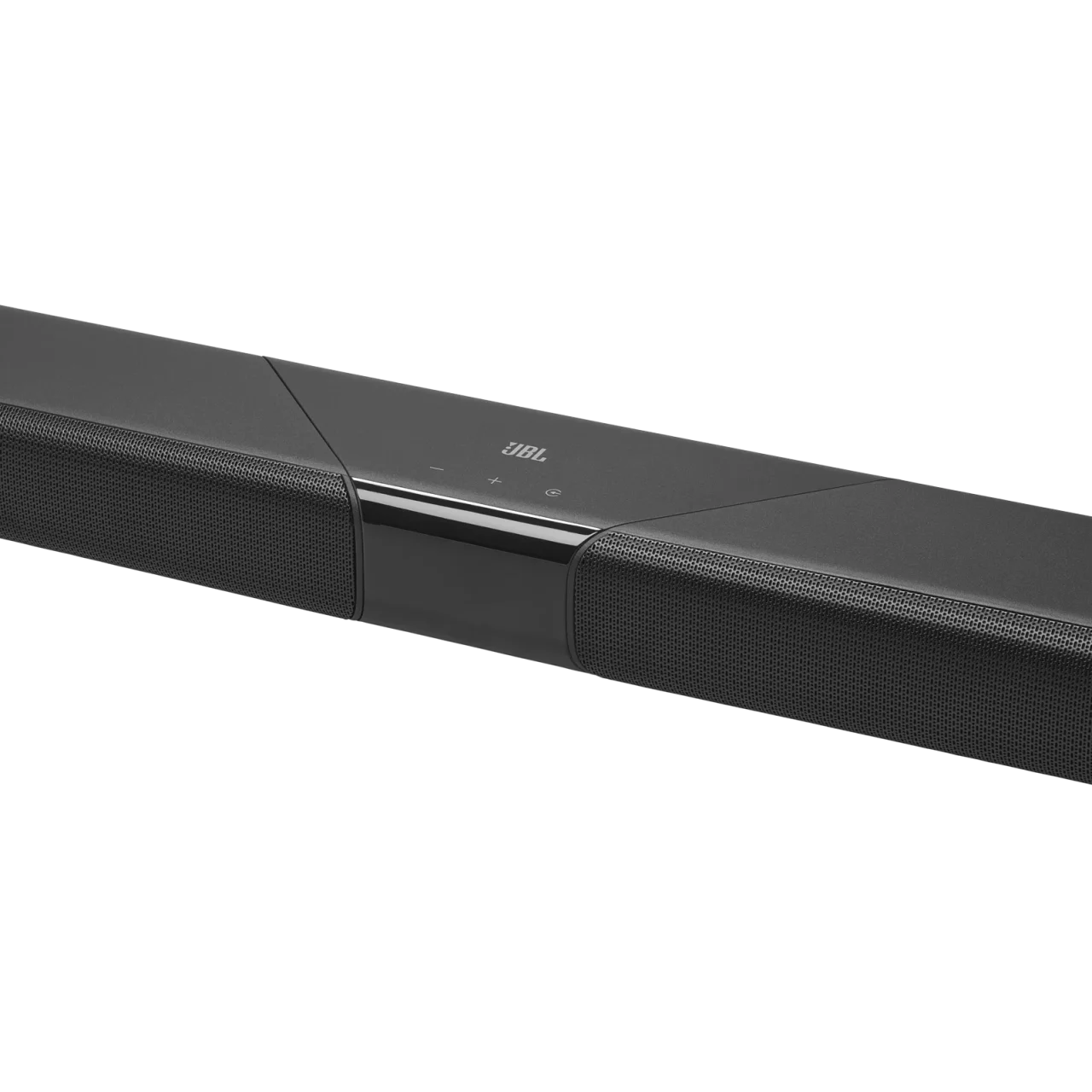 CINEMA SB580MK2 サウンドバー中央部の斜め拡大。JBLロゴと操作ボタン