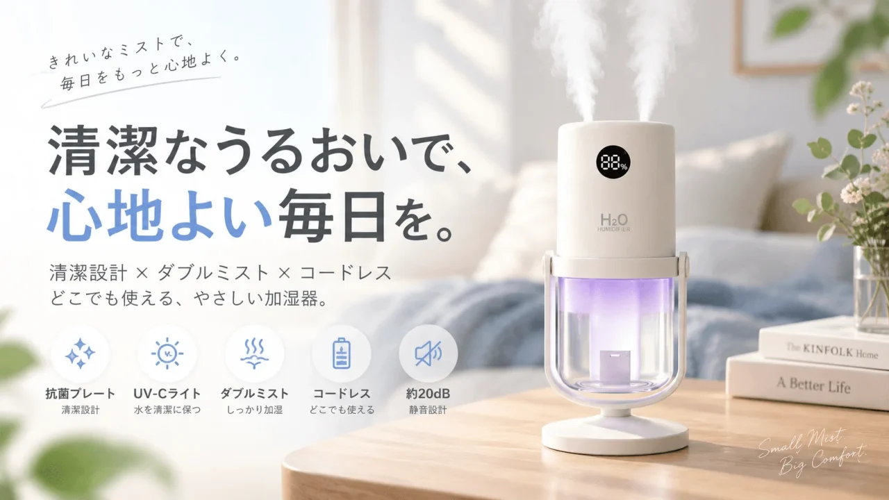 コードレス加湿器「WT35」の告知ビジュアル。ダブルミストと紫のUV-Cライト