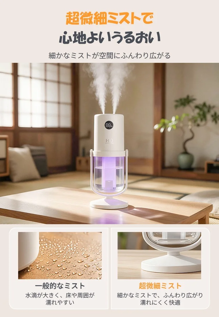 WT35の2つの吹出口からミストが出る加湿器と一般的なミストとの比較