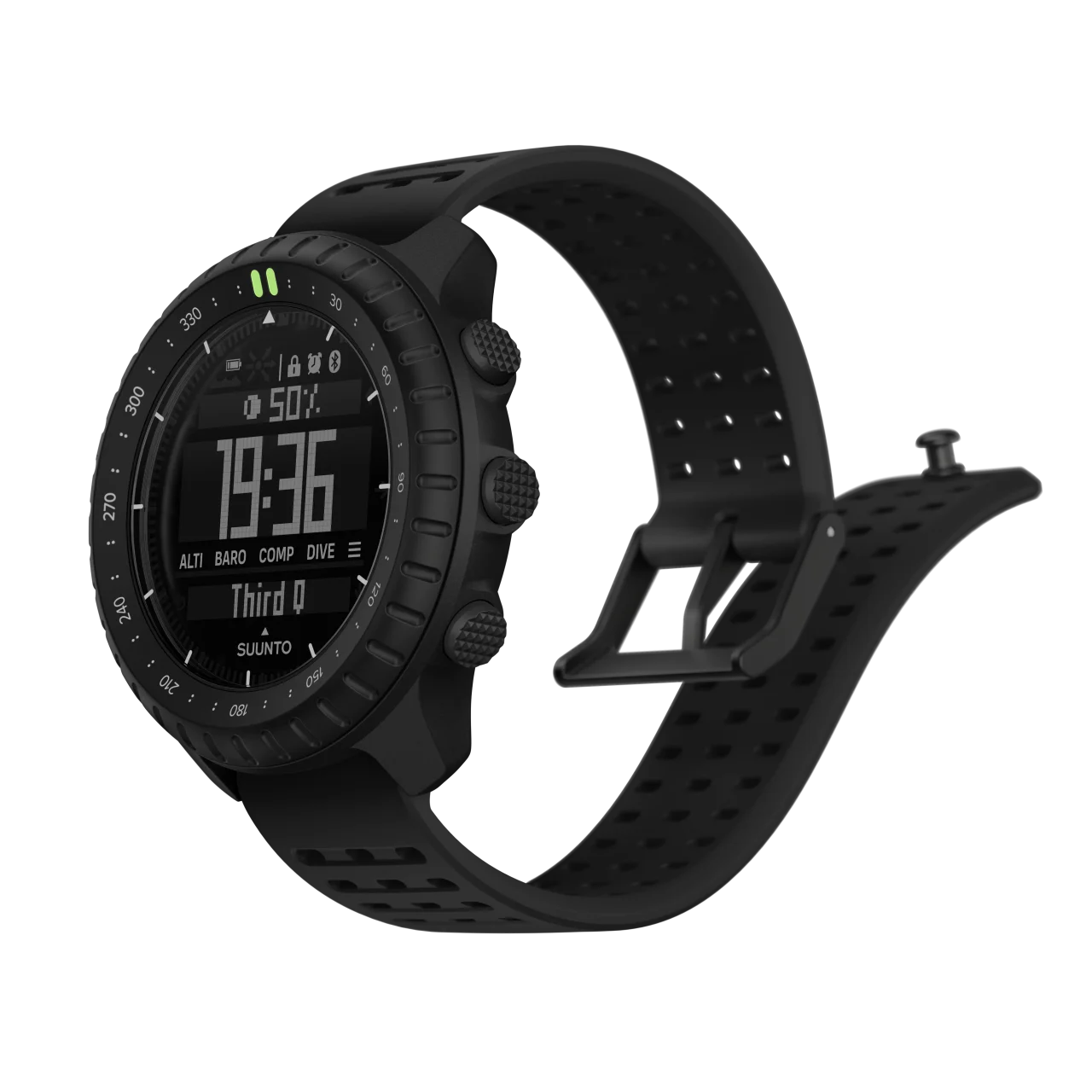 Suunto Core 2の黒いアウトドアウォッチ。19:36を表示し、黒い穴あきストラップ