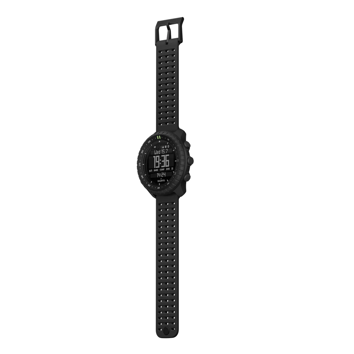 Suunto Core 2の黒いウォッチ。穴あきの黒いストラップとデジタル表示