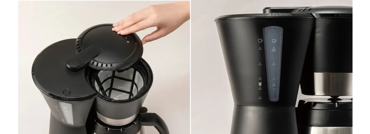 スライド式ふたを横に開くコーヒーメーカーと水位窓