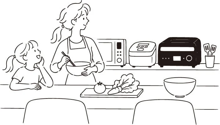SCENE 1 コンロキャンセル界隈のイメージ図。キッチンで料理する女性と子ども