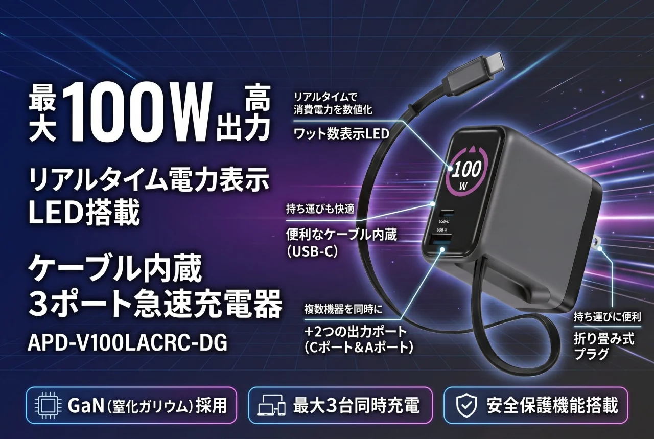 APD-V100LACRC-DG 巻き取りケーブル搭載の100W出力USB PD充電器の告知画像