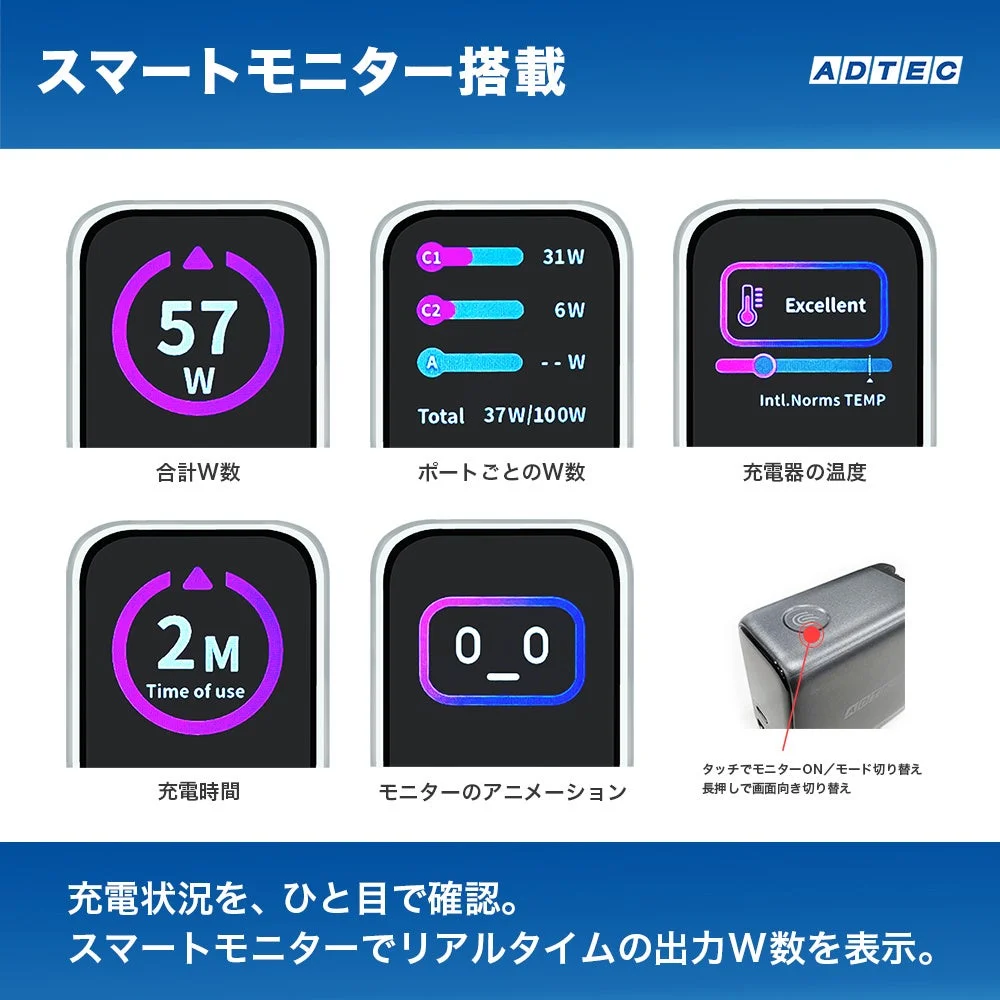 APD-V100LACRC-DGのスマートモニター表示例。合計W数や温度、充電時間など