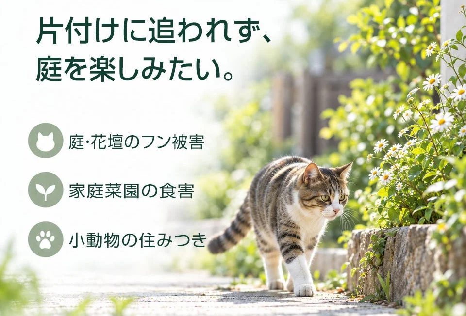庭の小道を歩く猫と、フン被害・食害・住みつきの悩みを示す3項目
