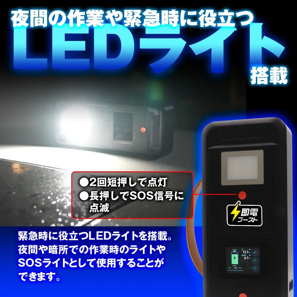 LEDライト搭載の説明画像。本体の点灯する白色ライトと操作ボタン