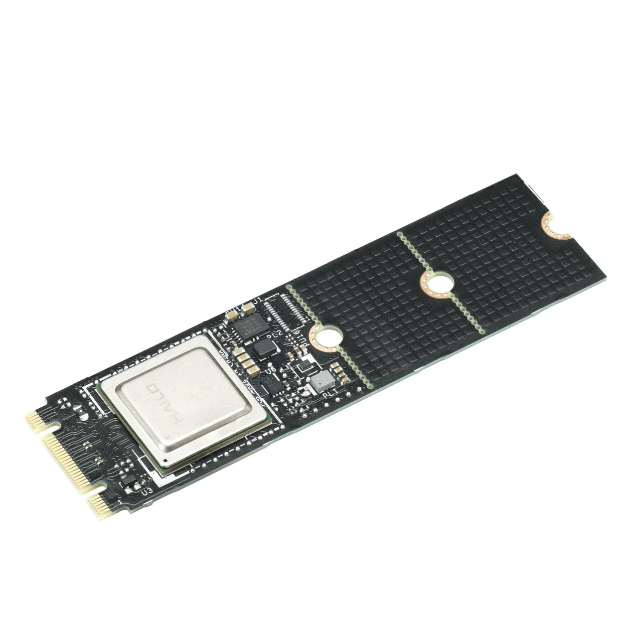 ASUS UGen200 M2(B+M) AI Module。金属カバーのチップを載せた黒い基板