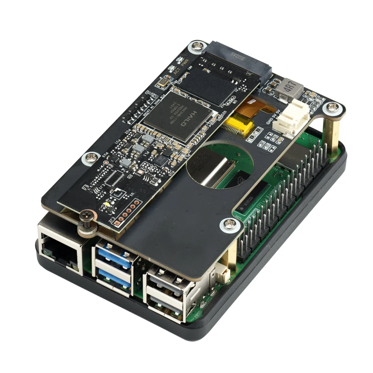 UGEN300-M2モデル取り付け例。小型ボード上に黒い基板を装着した様子