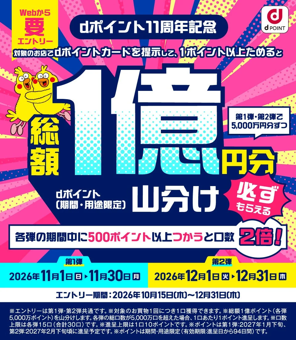 【dポイント11周年】dポイント1億円分山分けキャンペーンの告知バナー