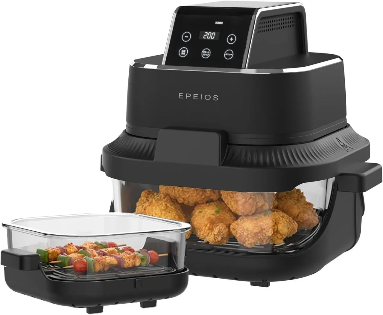 ガラスボウルエアフライヤーAO248。黒い本体にから揚げ、別ボウルに串焼き