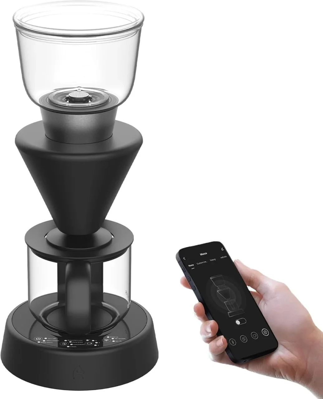 スマートコーヒーメーカー Mocca。黒い本体とスマホアプリ画面
