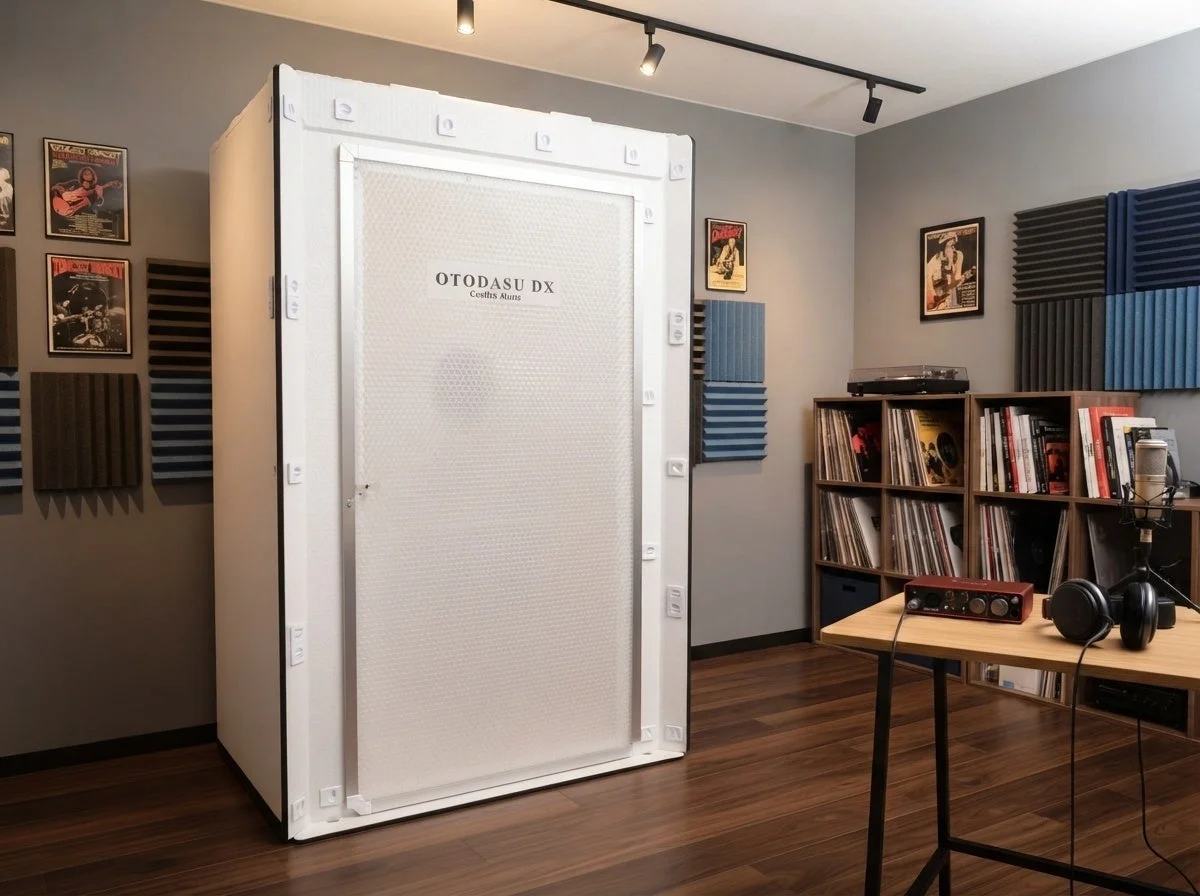 OTODASU™ DX110の白い簡易防音室。吸音パネルの壁と録音機材のある部屋