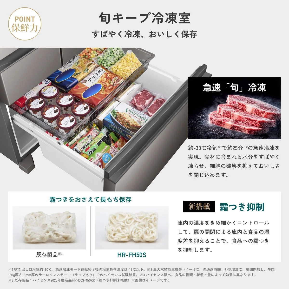 HR-FH50Sの旬キープ冷凍室。食品が入った引き出しと霜つき抑制の比較