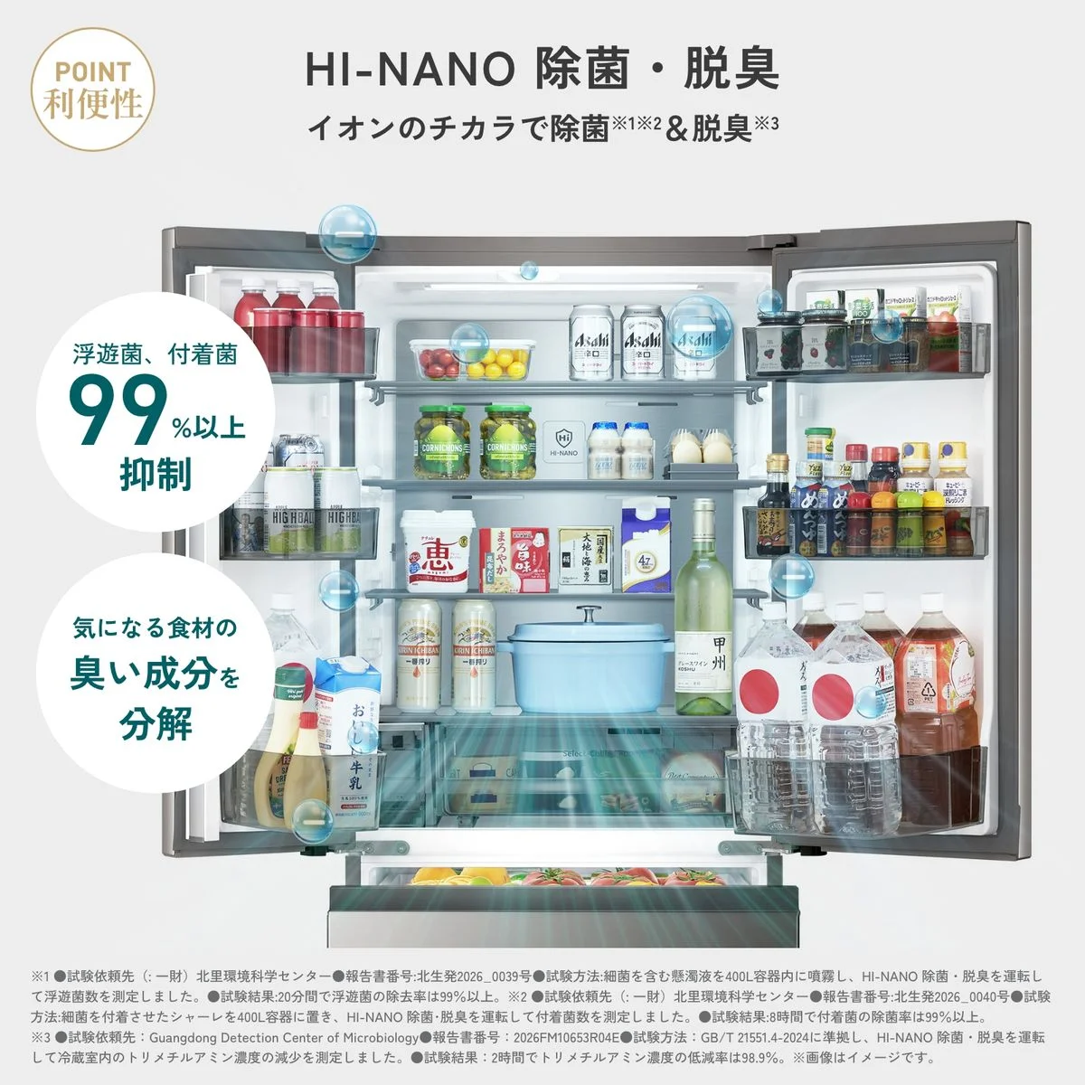 HI-NANO除菌・脱臭のイオンが庫内に広がる冷蔵庫の内部