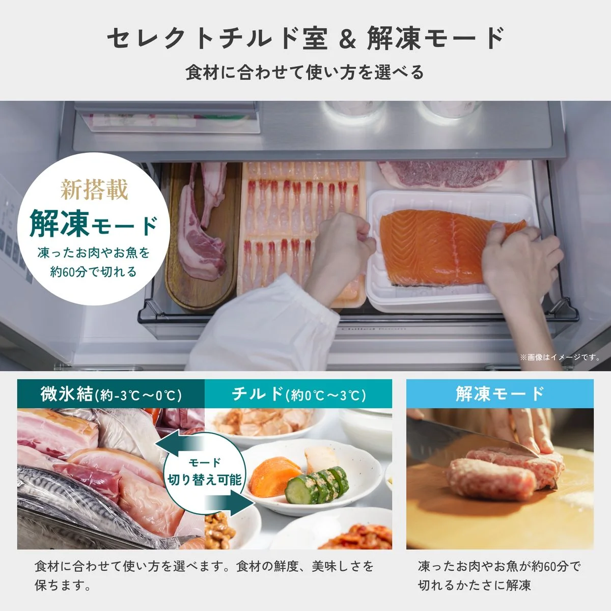 セレクトチルド室と解凍モード。肉や魚を扱う庫内と微氷結・チルドの切替