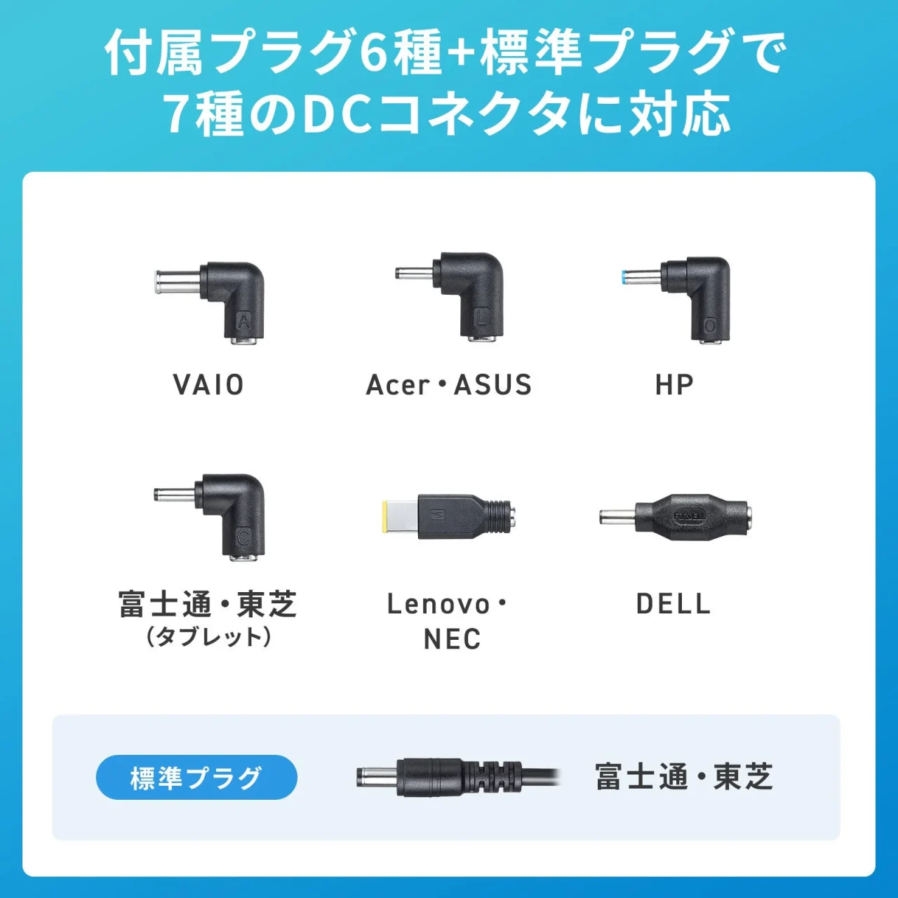 6種の変換プラグと標準プラグで7種のDCコネクタに対応する一覧