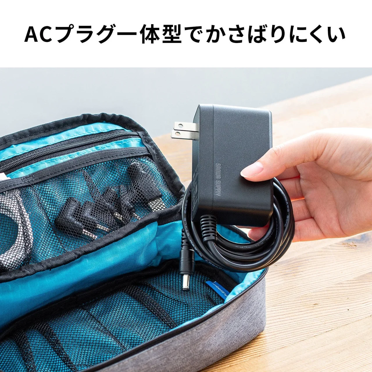 ACプラグ一体型のACアダプタを手で持ち、ポーチ内の変換プラグと並べた様子