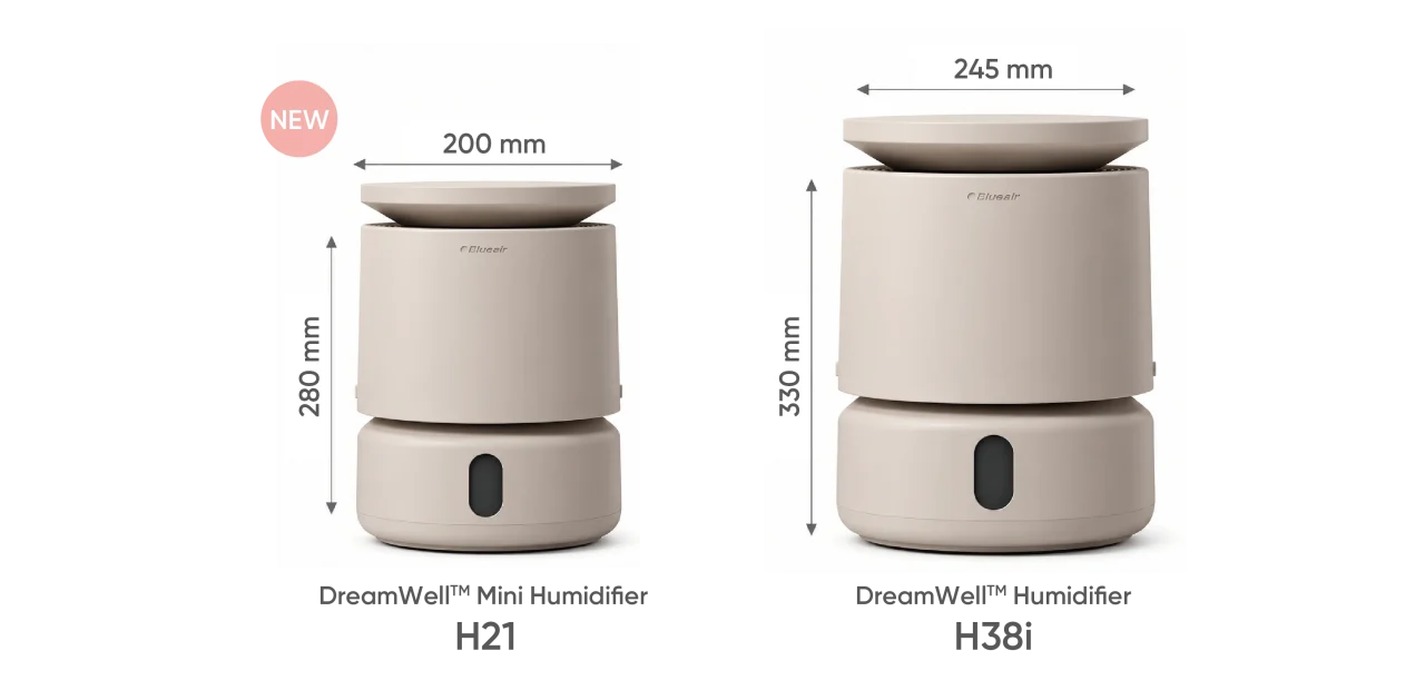 DreamWell Mini Humidifier H21とH38iのサイズ比較。ベージュの加湿器2台