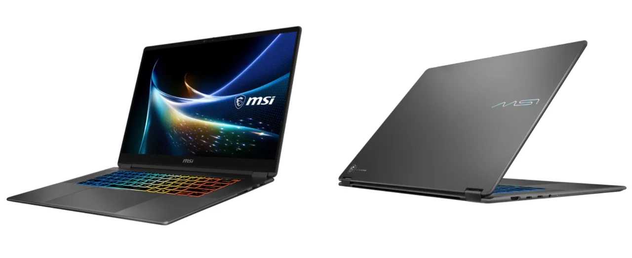 Prestige N16 Flip AI+ C1XMの前面と背面。開いた画面と天板が見える