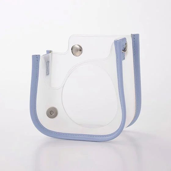 instax mini 13/12用半透明カメラケース。ブルーのエッジとマグネット留め具