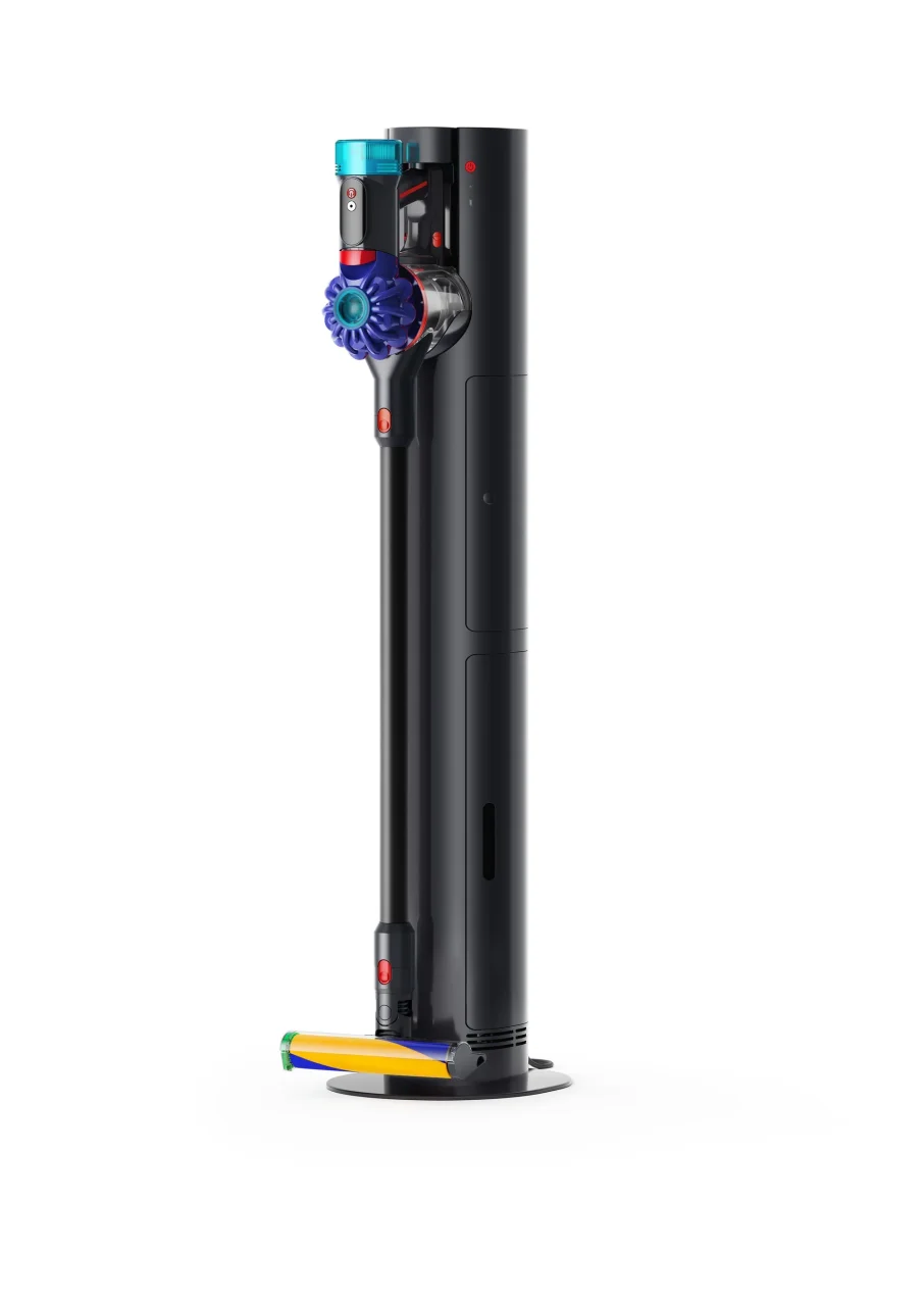 Dyson V10 Optic™ + Auto-empty Dok™。黒いドックにスティック掃除機を装着