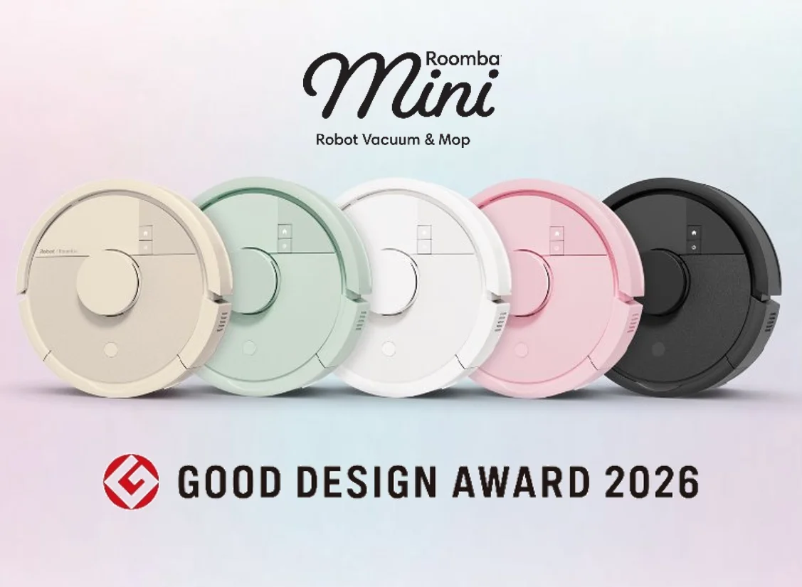 Roomba Mini 5色のロボット掃除機とグッドデザイン賞2026のロゴ