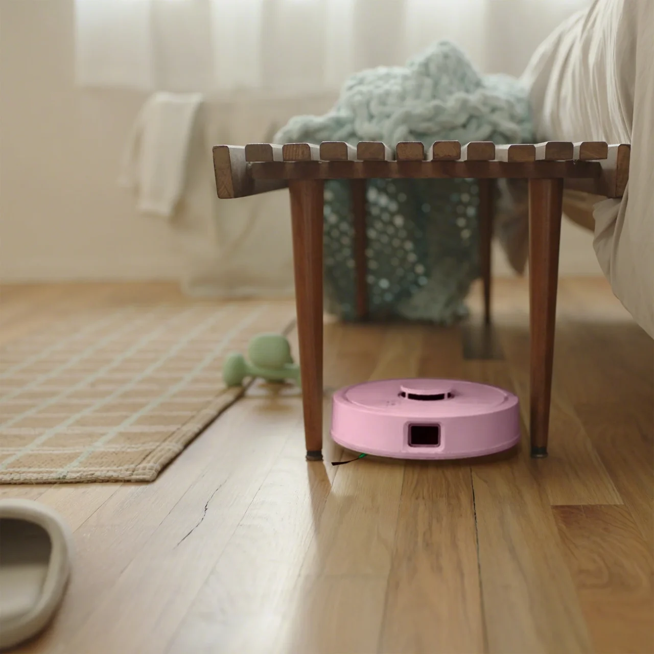 木製ベンチの下に入り込むピンク色の丸型ロボット掃除機