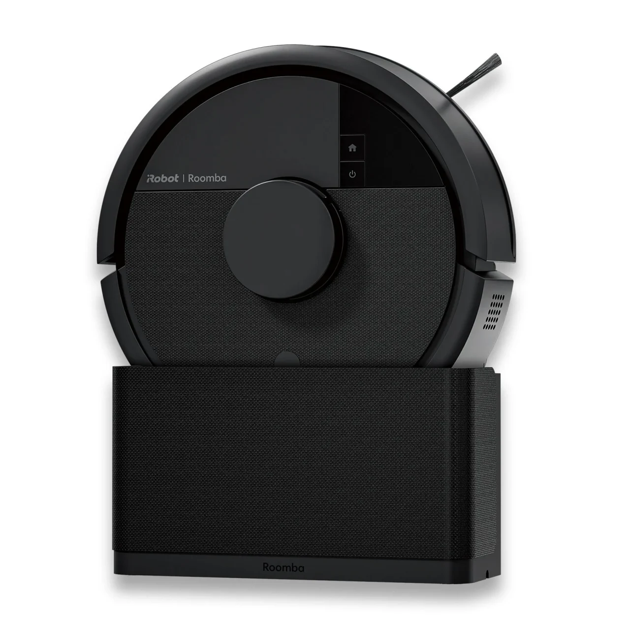 Roomba Mini Slim KURO。黒い丸型本体を縦置きのSlimCharge 充電スタンドに載せた様子
